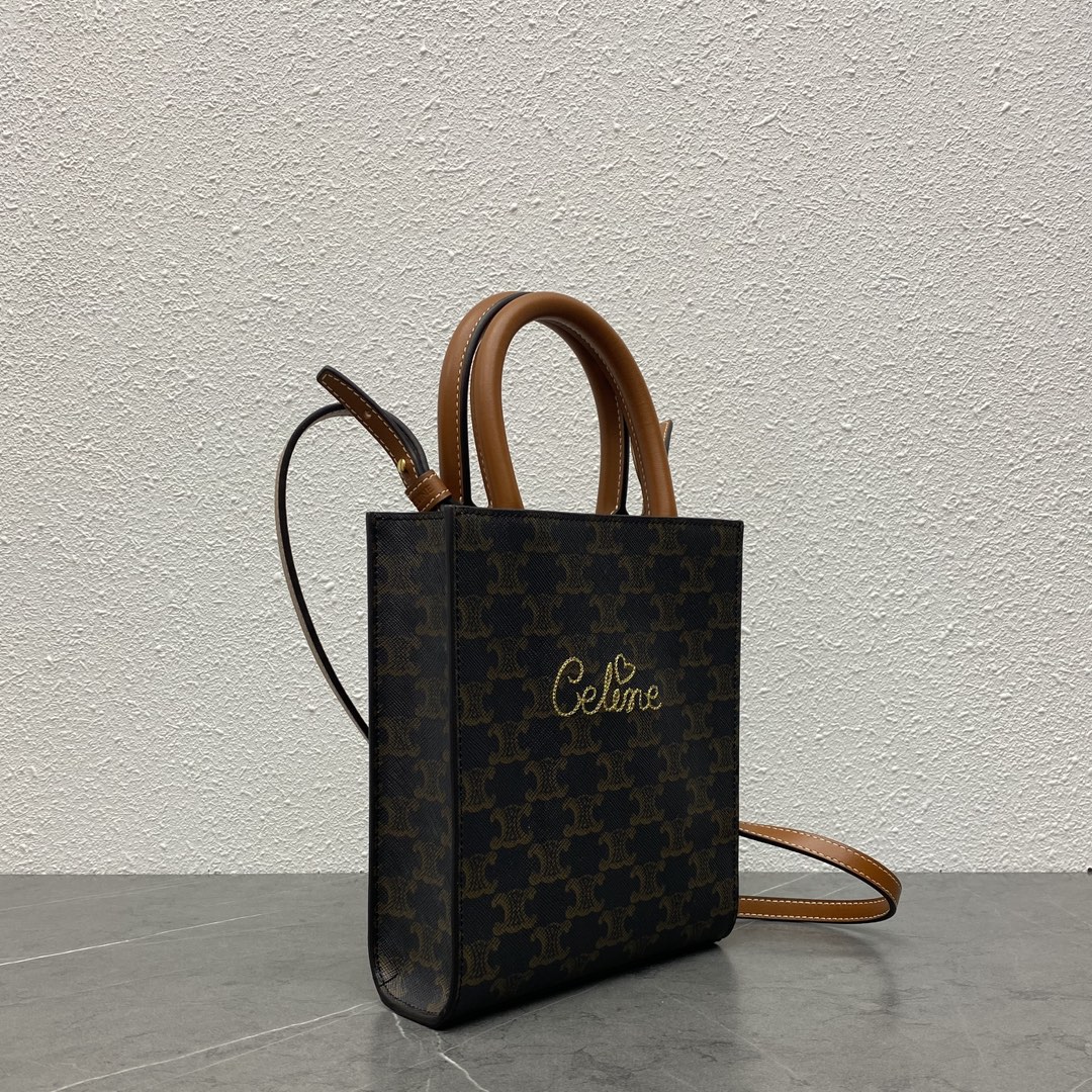 Celine Mini Vertical Cabas In Triomphe Canvas And Calfskin With Celine Print Tan 193302